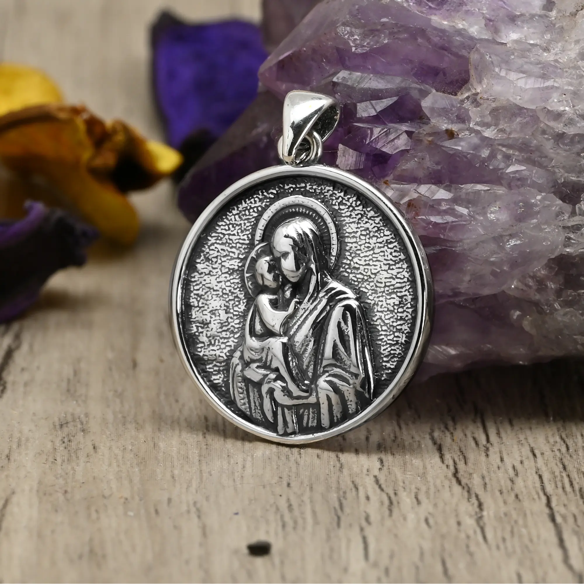 Colgante Medalla Virgen María con Niño Jesús Plata 925