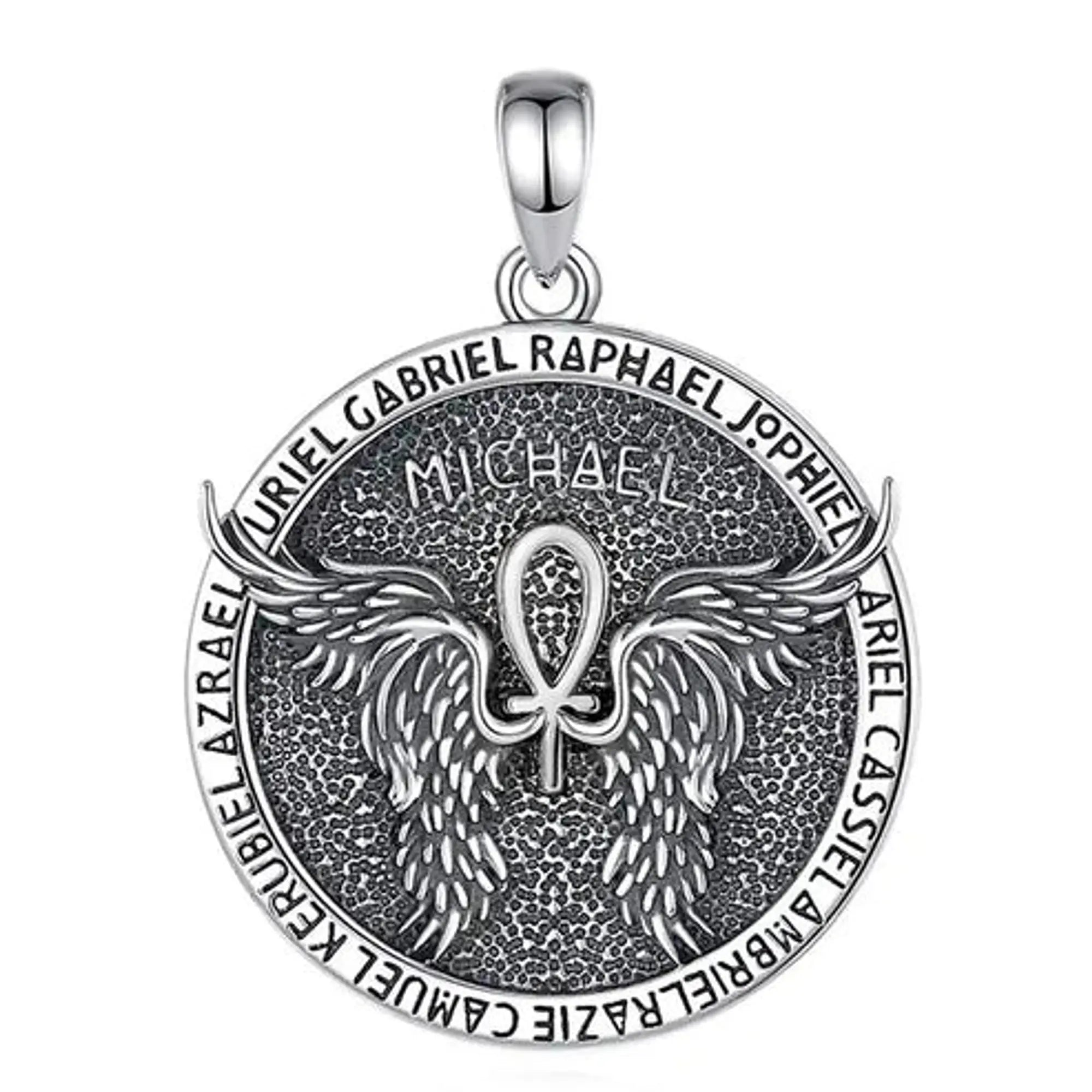 Colgante Sello Alas de Arcángel San Miguel con Cruz Ankh en Plata 925