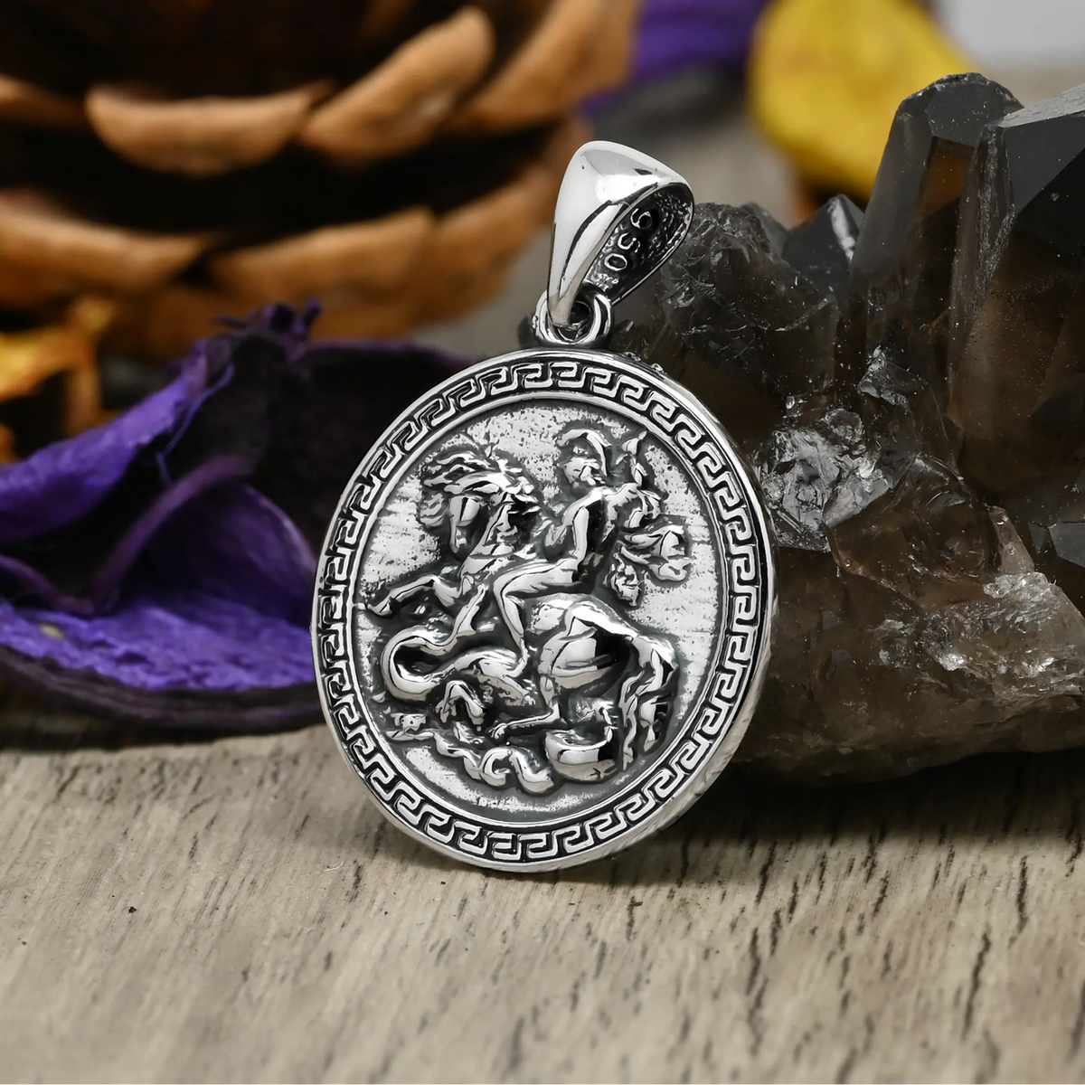Colgante Medalla San Jorge con Borde Griego Plata 925