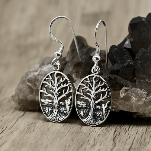 Aros Colgantes Árbol de la Vida Ovalado en Plata 925