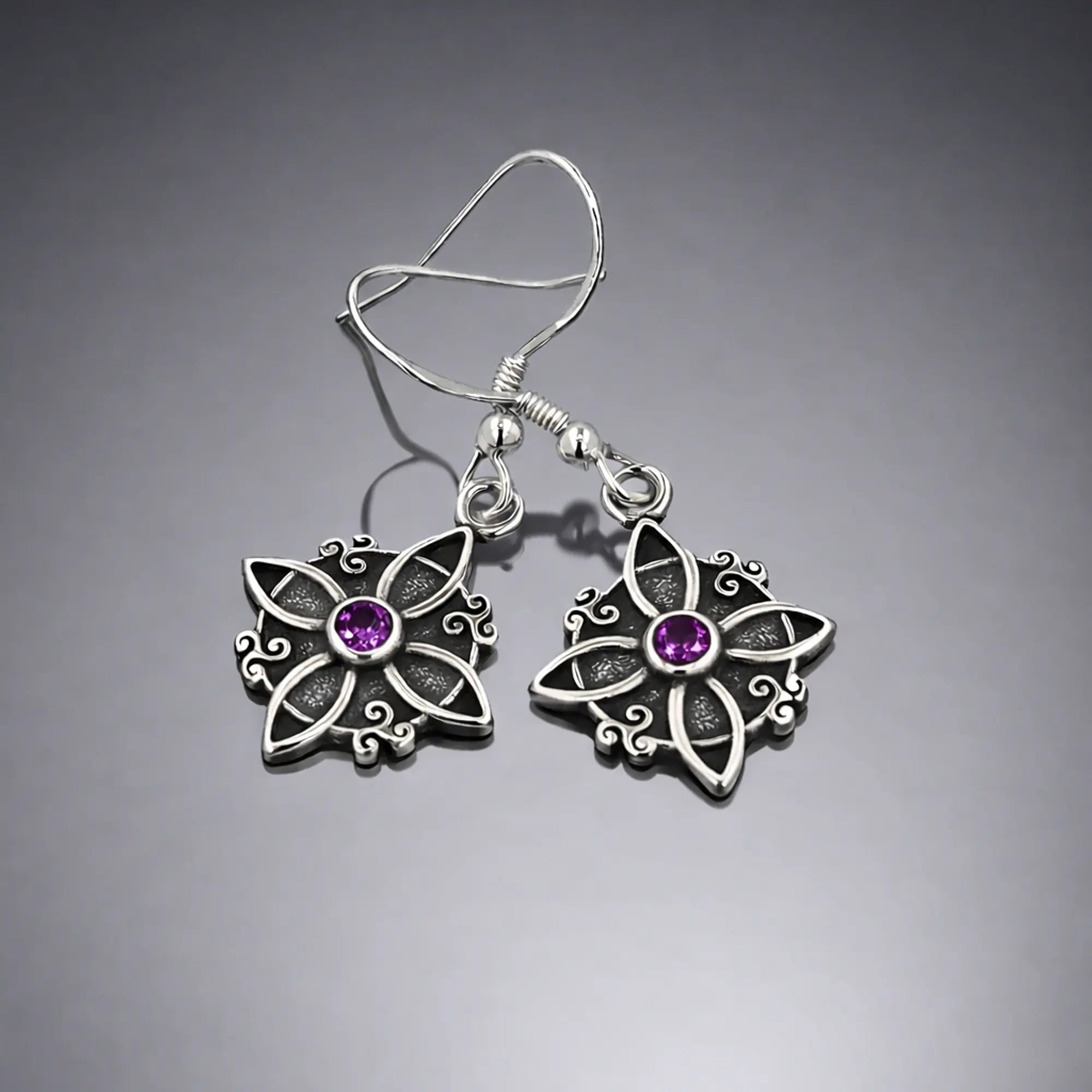 Aros Colgantes Nudo de Bruja Vintage con Piedra Amatista en Plata 925