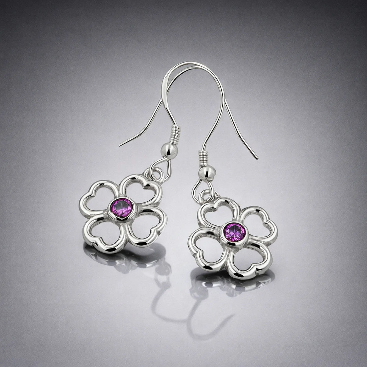 Aros Colgantes Trébol con Piedra Amatista en Plata 925