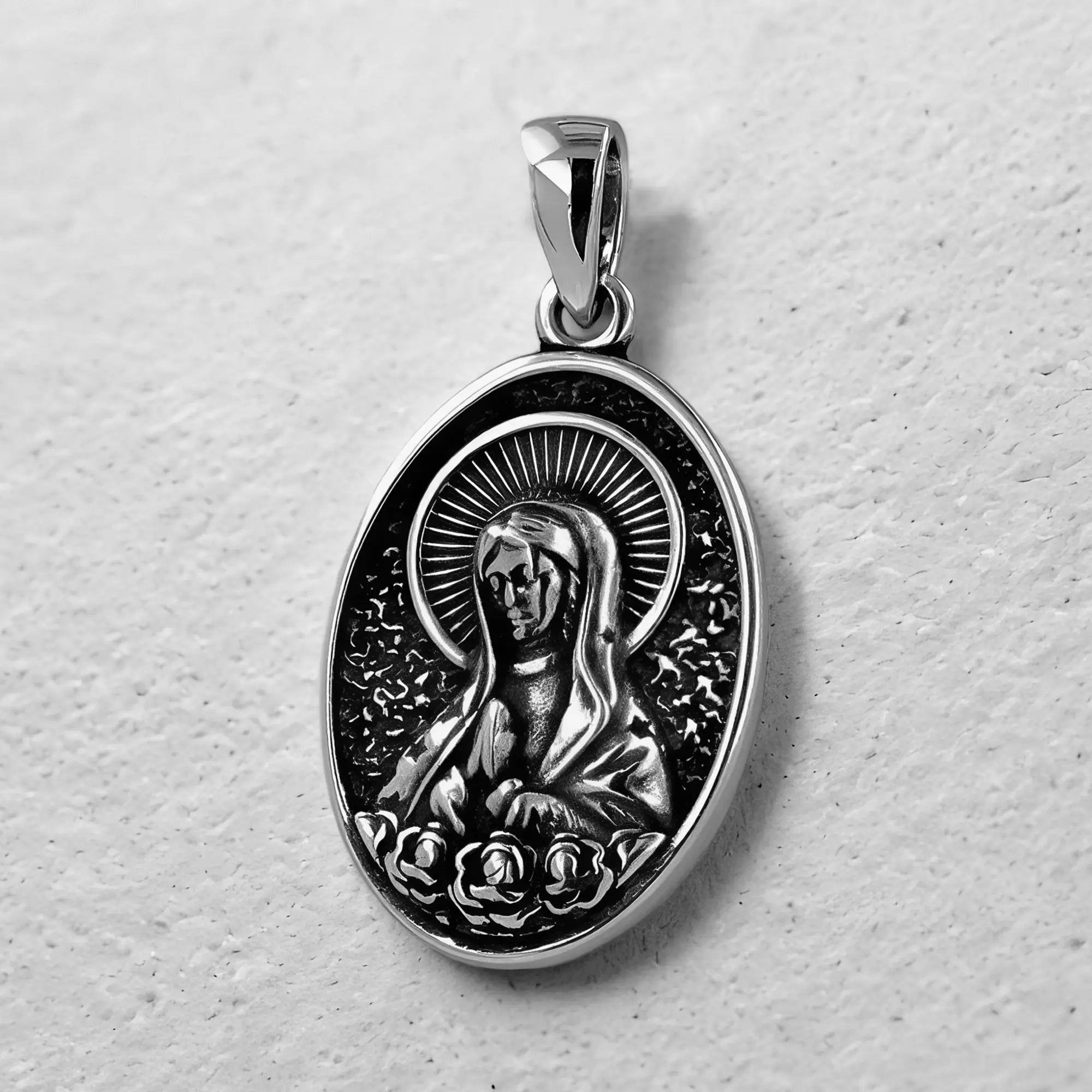 Colgante Medalla Virgen Rosa Mística en Plata 925