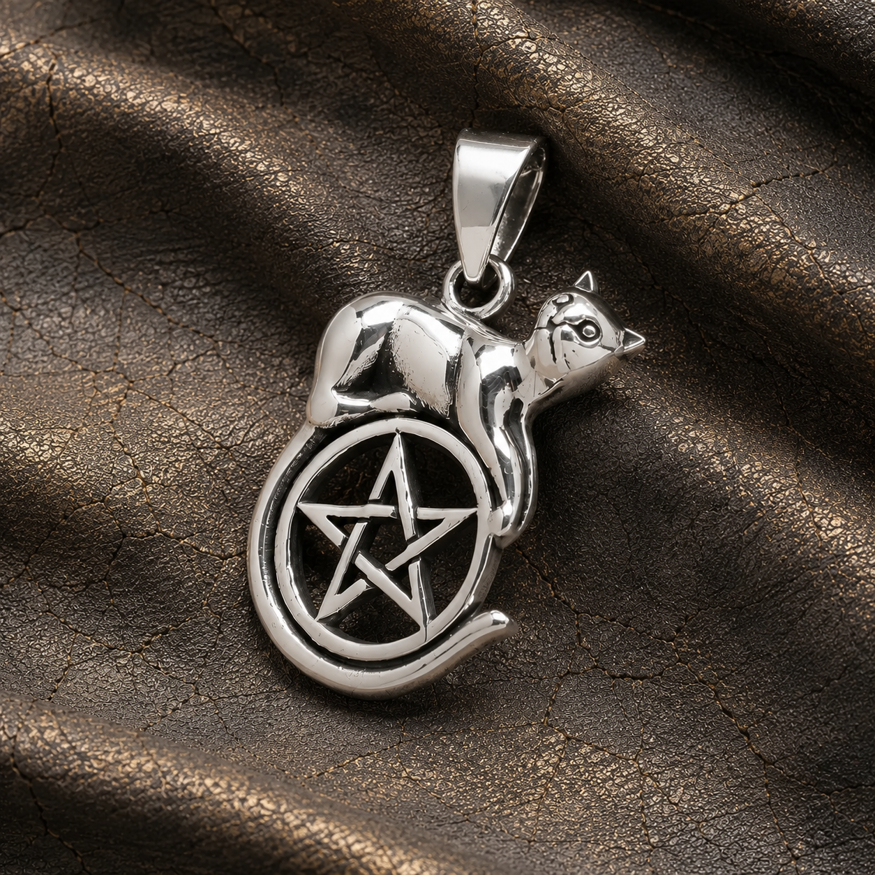 Colgante Gato sobre Pentagrama en Plata 925
