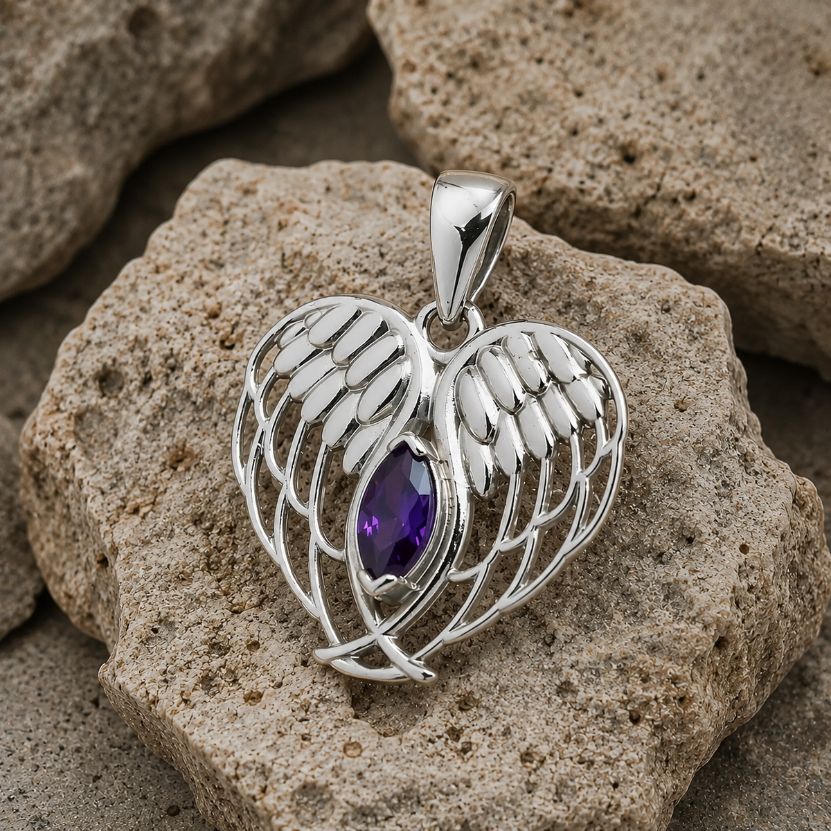 Colgante Alas de Ángel con Piedra Amatista en Plata 925