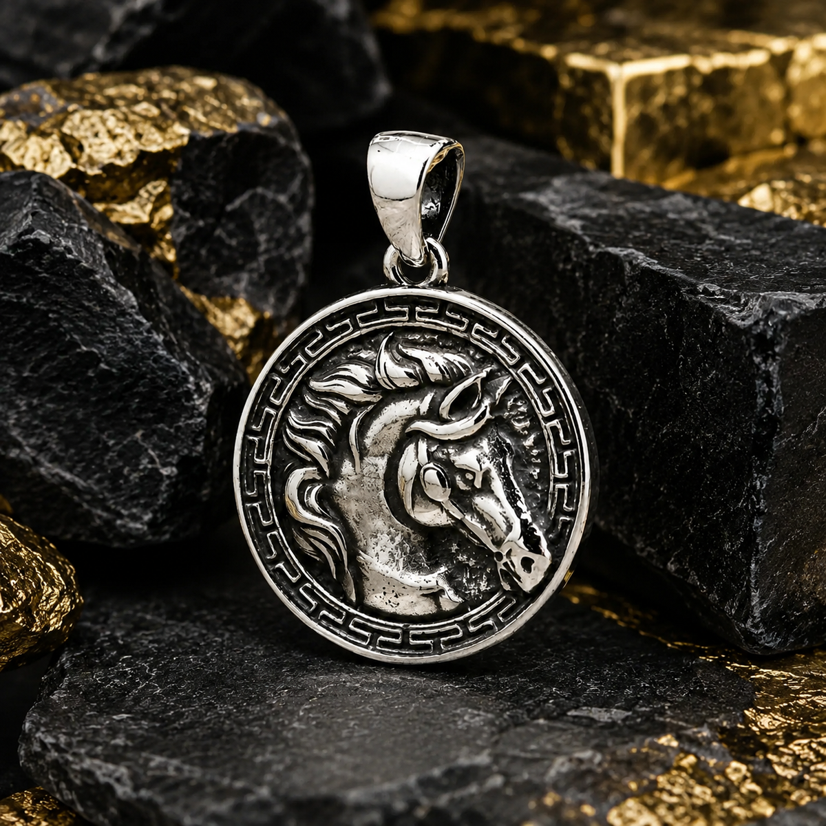 Colgante Medalla Caballo Envejecida en Plata 925