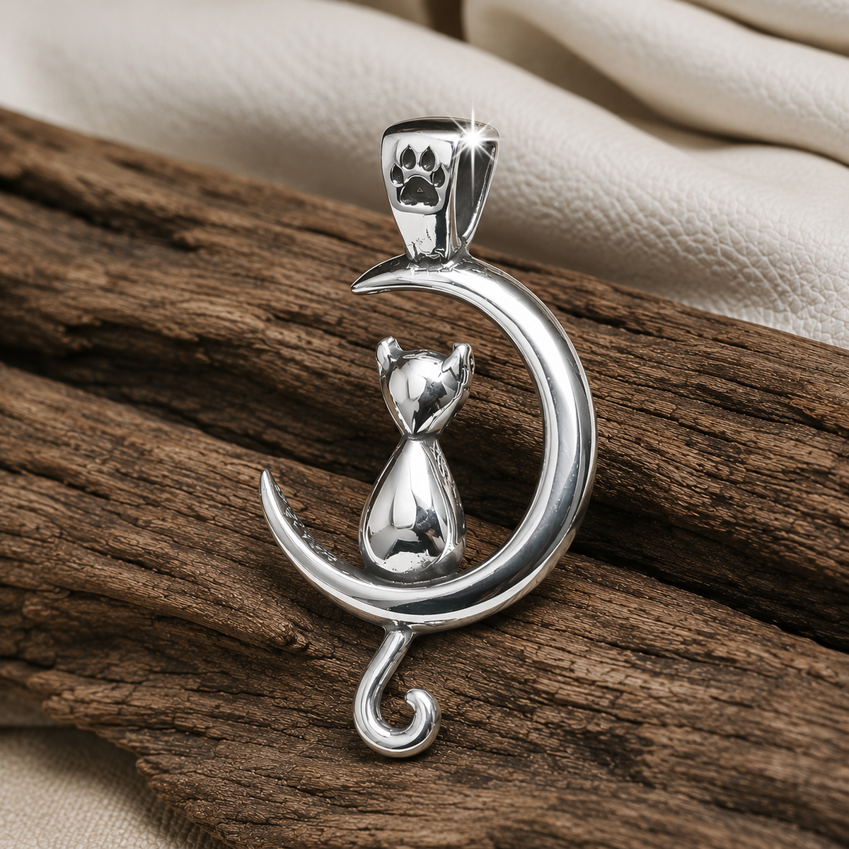 Colgante Gato sobre la Luna con Huellita en Plata 925