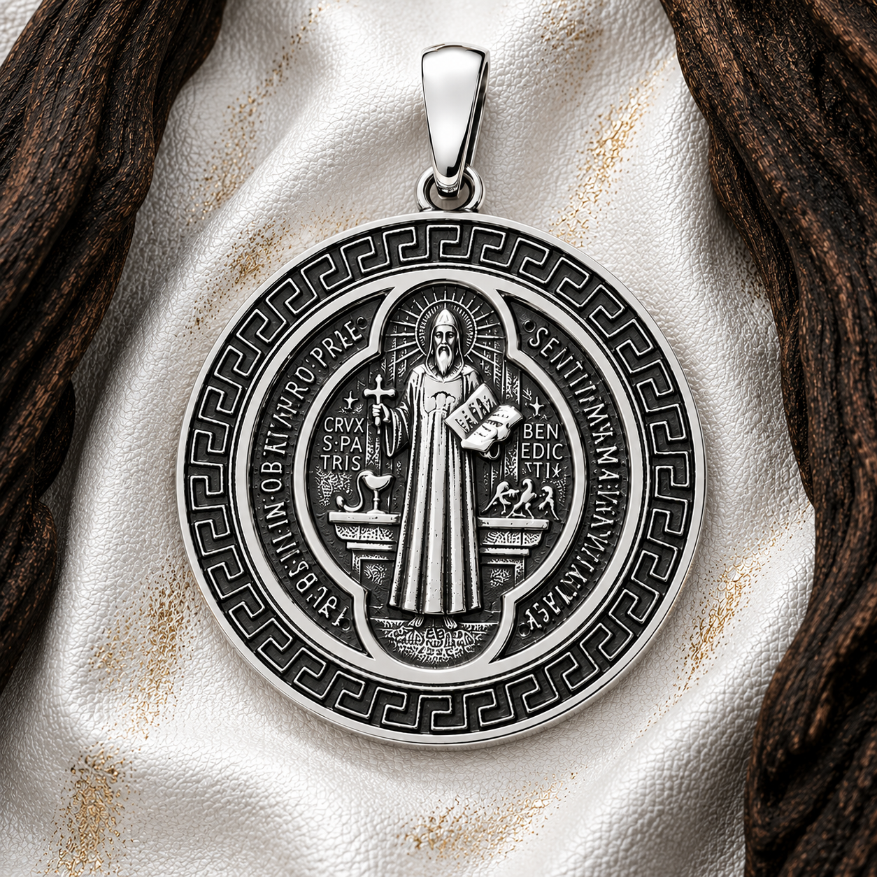 Colgante Medallón San Benito con Greca Griega 32mm en Plata 925