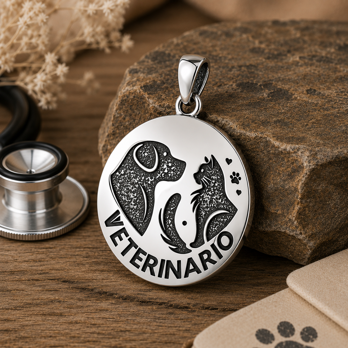 Colgante Medicina Veterinaria Estetoscopio y Huella Plata 925