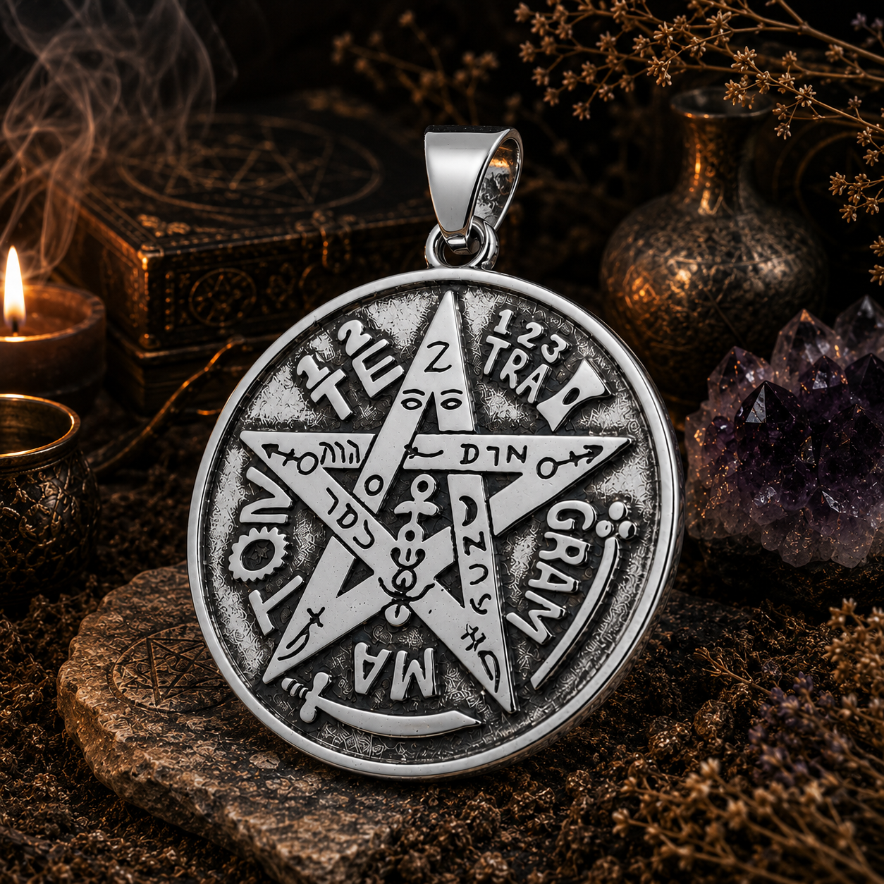 Colgante Medallón Tetragramatón Pentagrama de Protección Plata 925