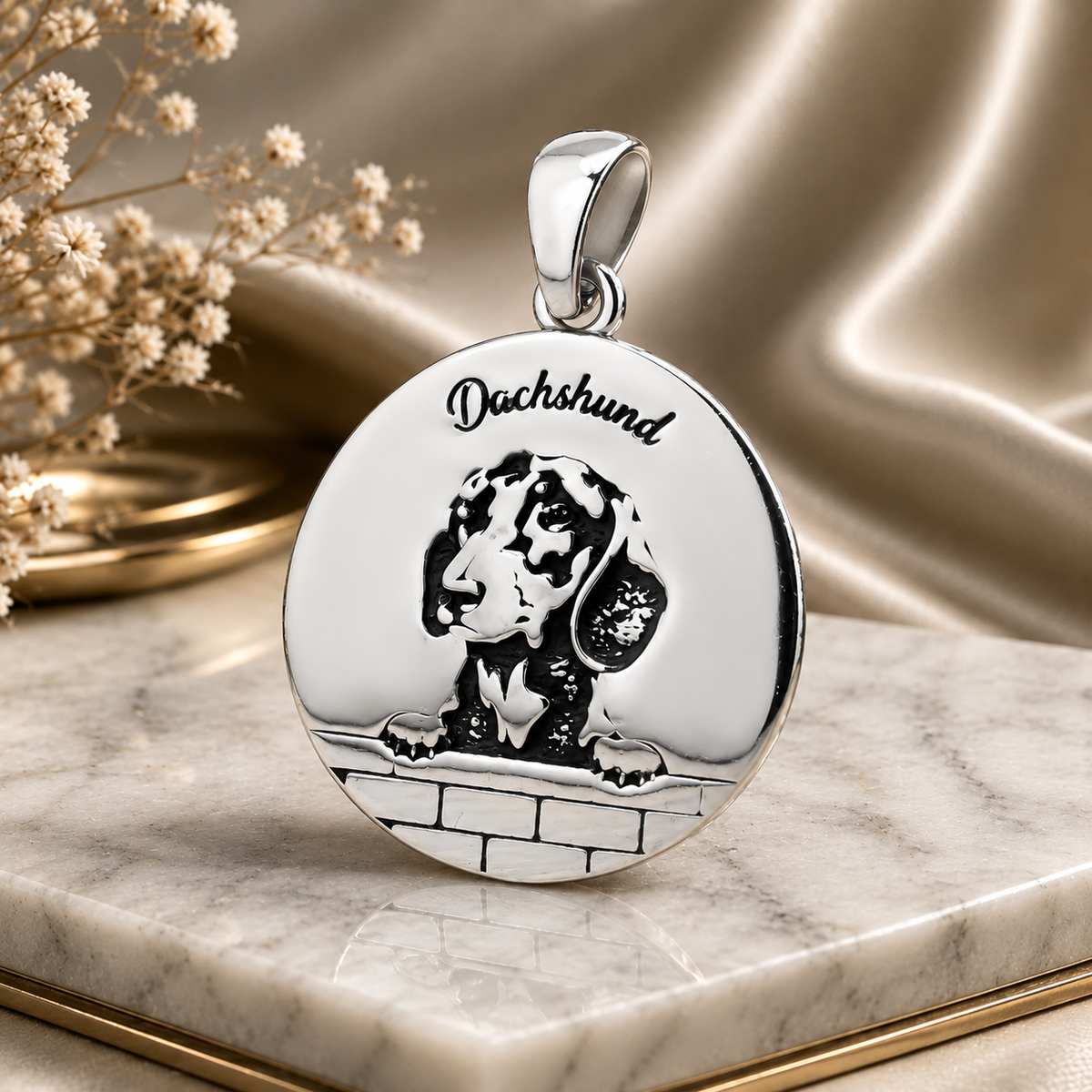 Colgante Placa Perro Dachshund 18mm en Plata 925