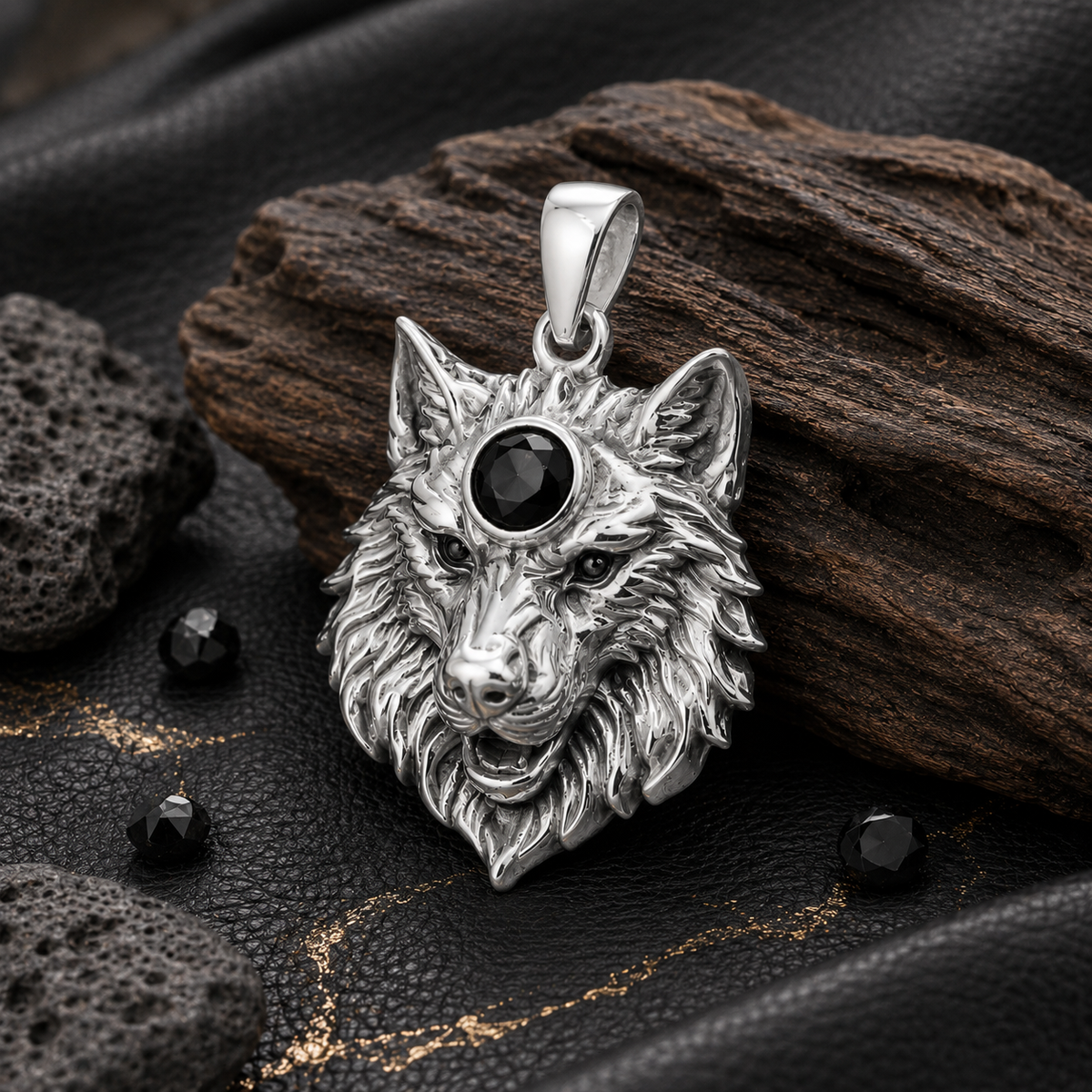 Colgante Lobo con Piedra Onix en Plata 925