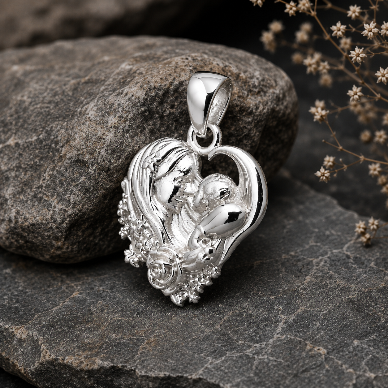 Colgante Mamá y Bebé en Corazón en Plata 925