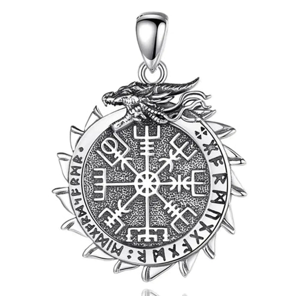 Colgante Vegvisir Vikingo con Dragón y Runas en Plata 925