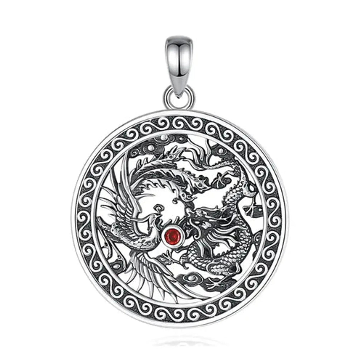 Colgante Medallón Dragón y Ave Fénix con Piedra Roja en Plata 925