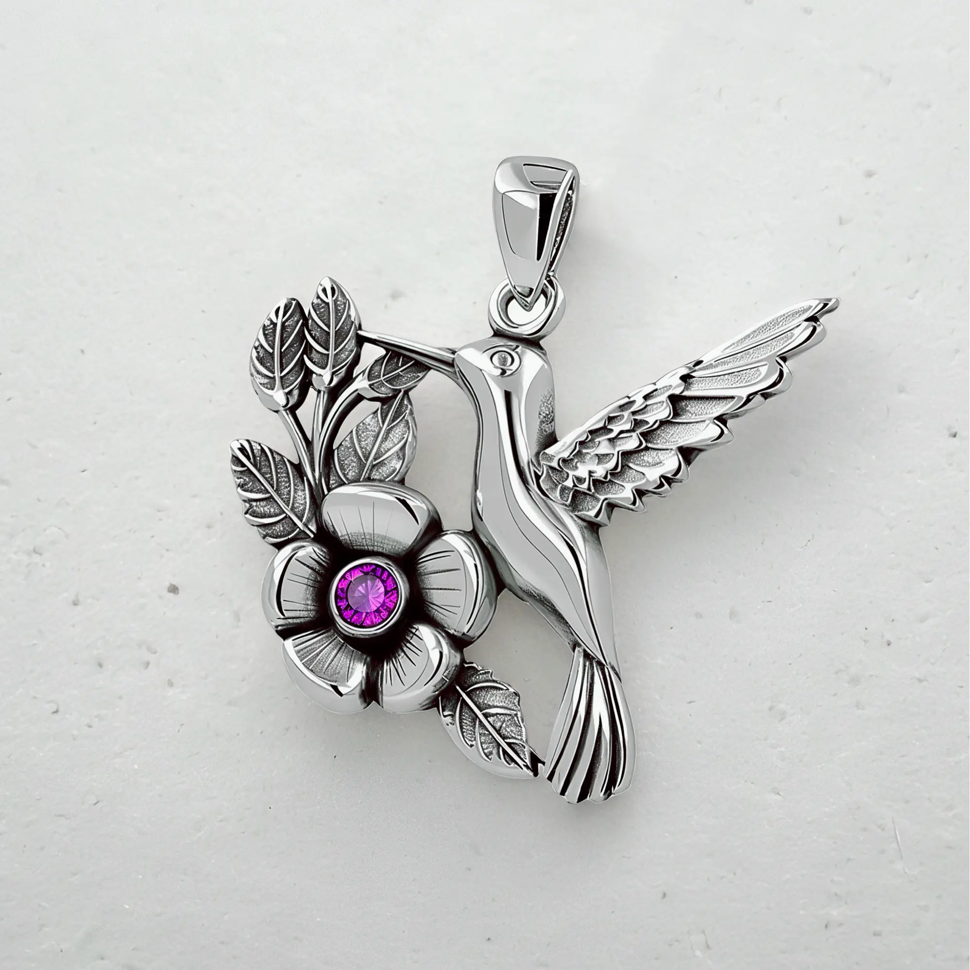 Colgante Colibrí en Flor Piedra Amatista en Plata 925