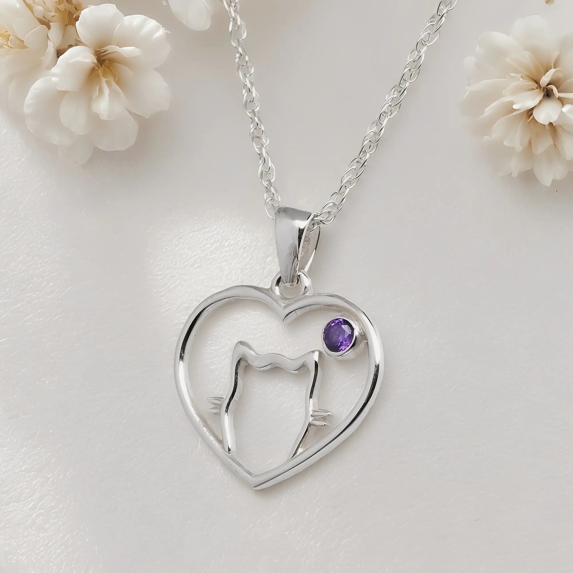 Colgante Corazón con Gato Circón Amatista en Plata 925